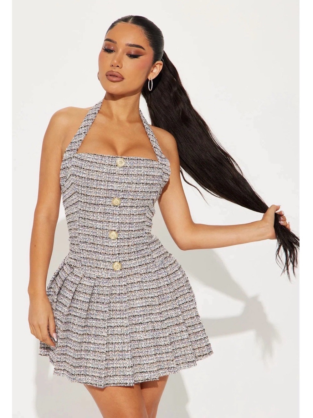 Fashion Nova Women’s Darlene Stretch Halter Tweed Mini Dress- Black Size XS